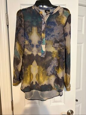 Sheer Watercolor-Print Long-Sleeve Blouse in Blue, Yellow, Gray